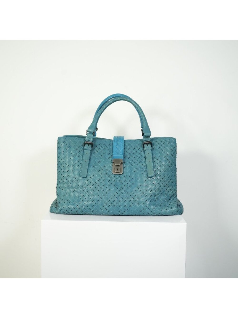 Bottega Veneta Roma Tote Intrecciato Woven Leather Handbag Teal Blue